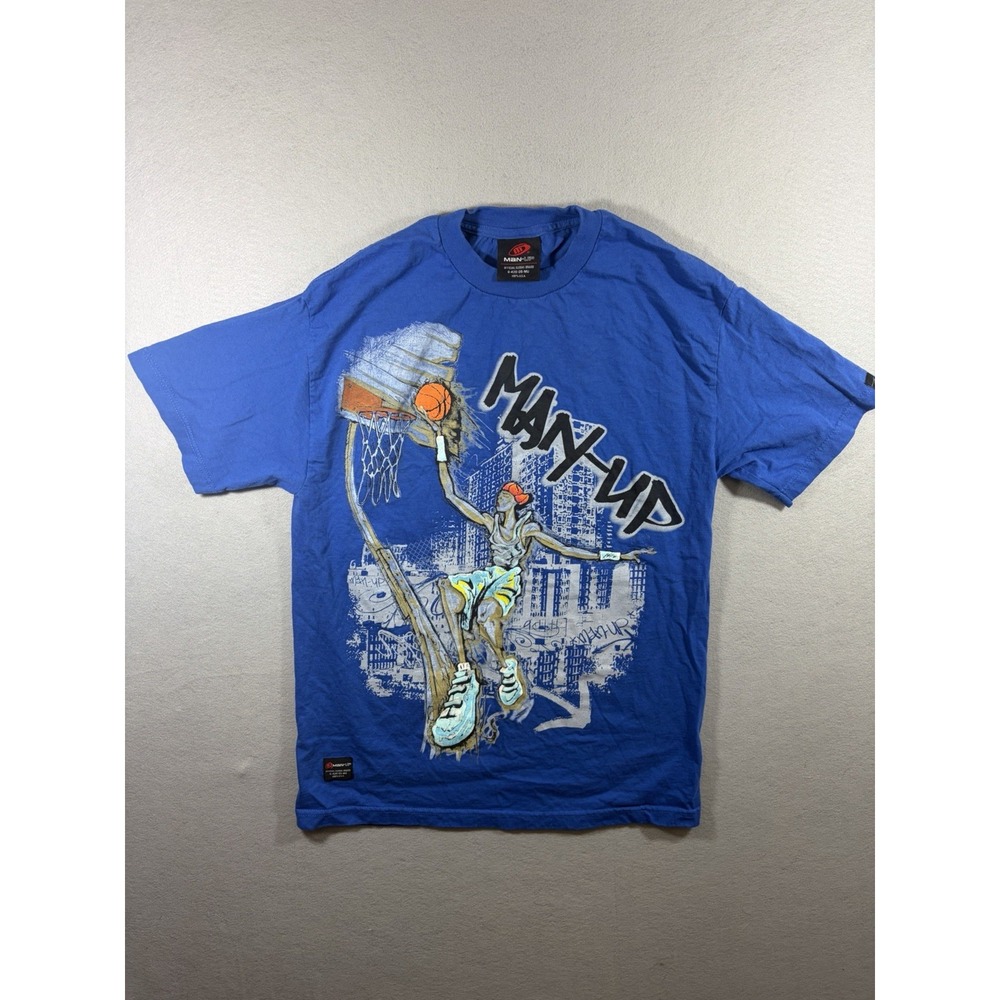 Man-Up Men's Basketball T Shirt  Blue Y2K Streetwear Large